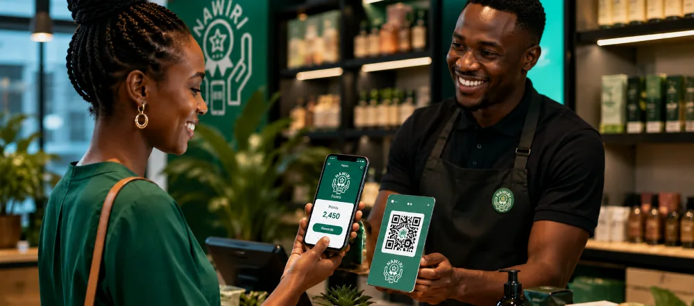 A shopper and a shop attendant scanning NAWIRI loyalty points on their phones